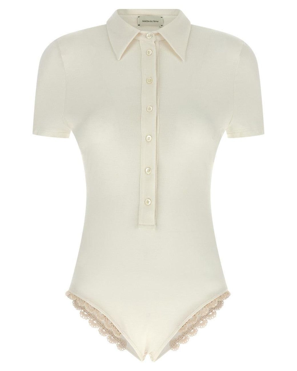 Magda Butrym White 01' Viscose Polo-Style Bodysuit With Handmade Crochet Lace