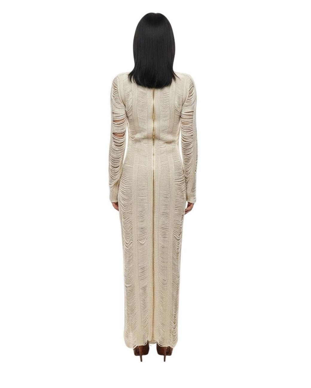 Balmain Natural Textured Mock Collar Maxi Dress