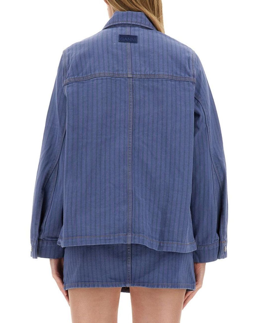 Ganni Blue Stripes Shirt Collar Jacket