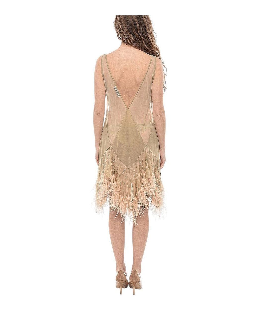 The Attico Natural Embellished V Neck Mini Dress