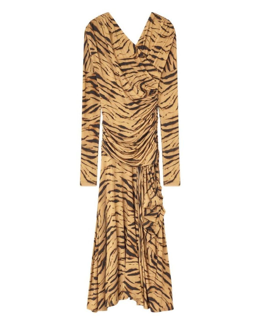 Ganni Metallic Khaki Tiger Print Ruched Dress