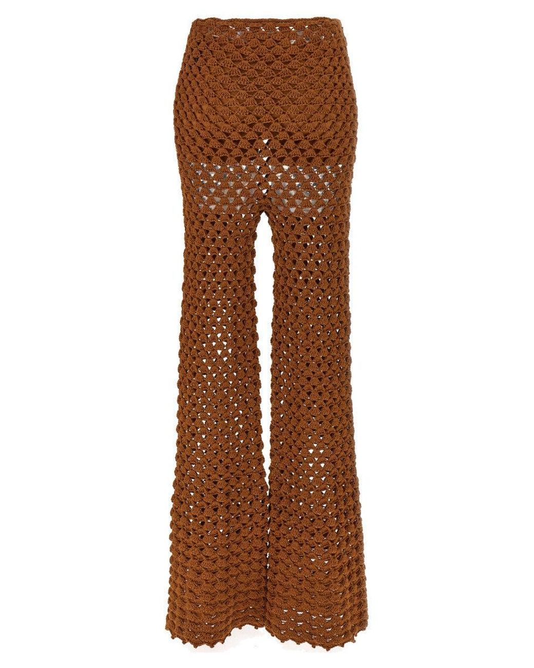 Ermanno Scervino Brown Fan-Stitch Crochet Pants With Flared Leg Design