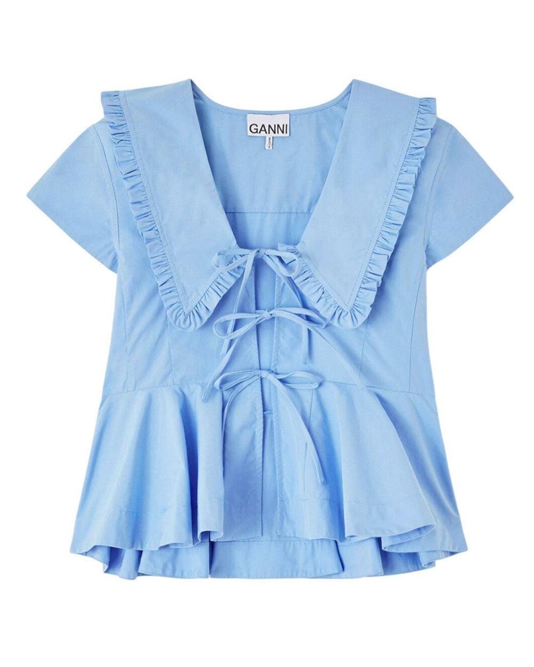 Ganni Blue Solid V Neck Top