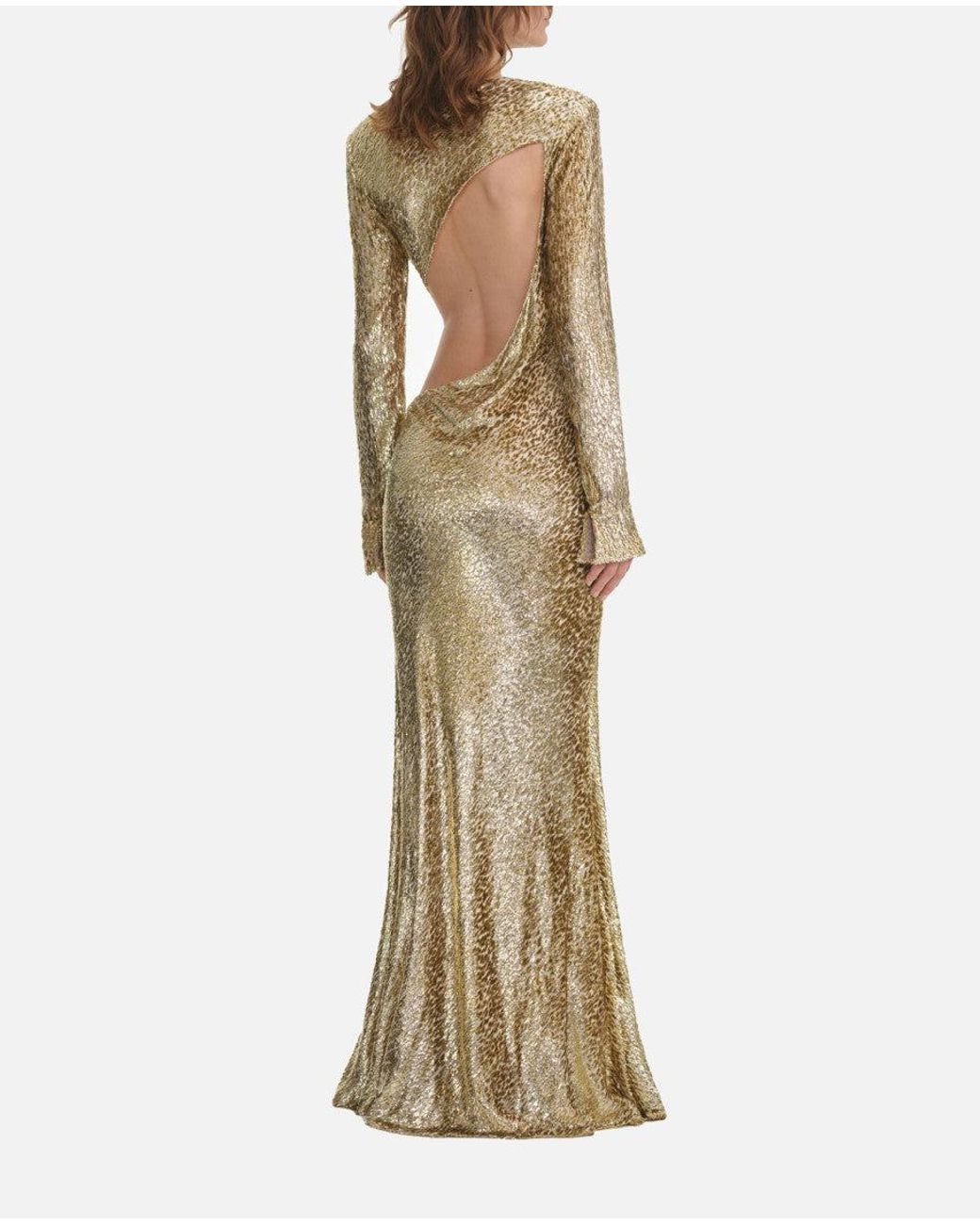 Self-Portrait Metallic Golden Asymmetric Maxi Dress