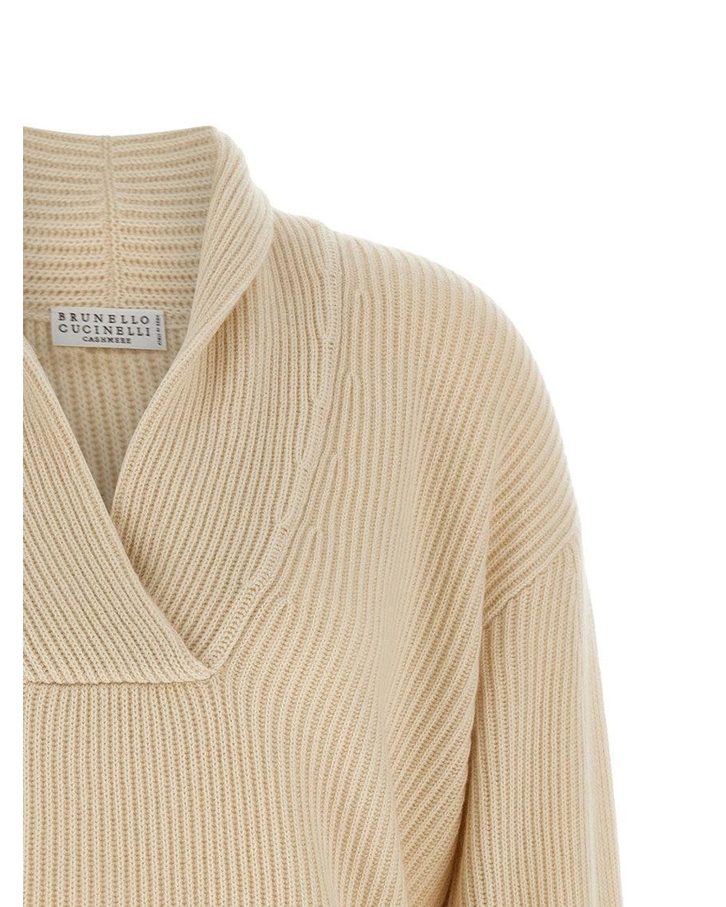 Brunello Cucinelli Natural Knitted Shawl Neck Sweater