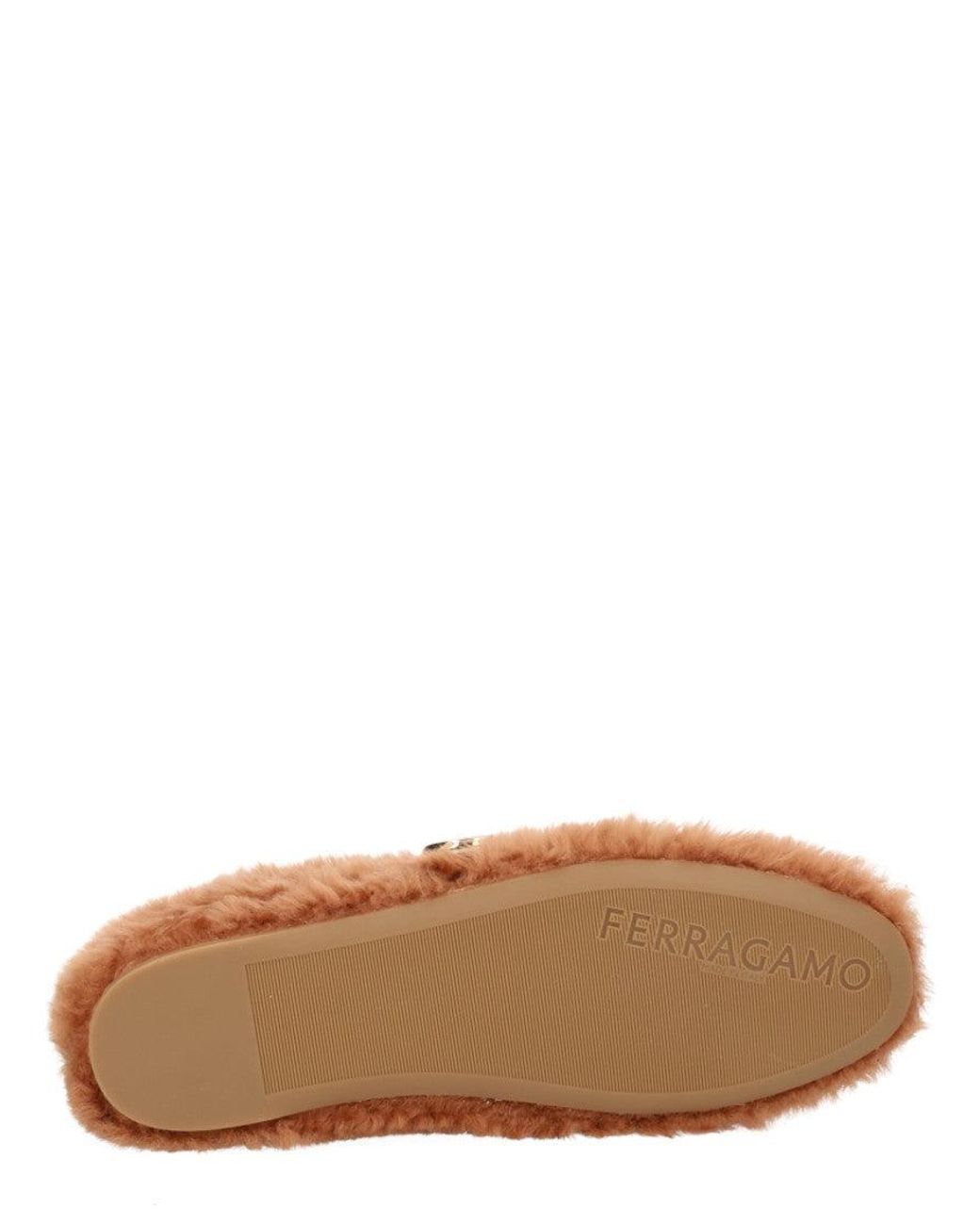 Ferragamo Brown Ballerina Love Ornament Shearling Shoe