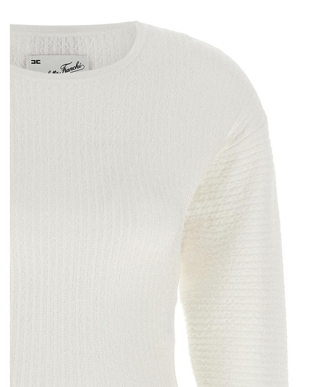 Elisabetta Franchi White Textured Crew Neck Mini Dress