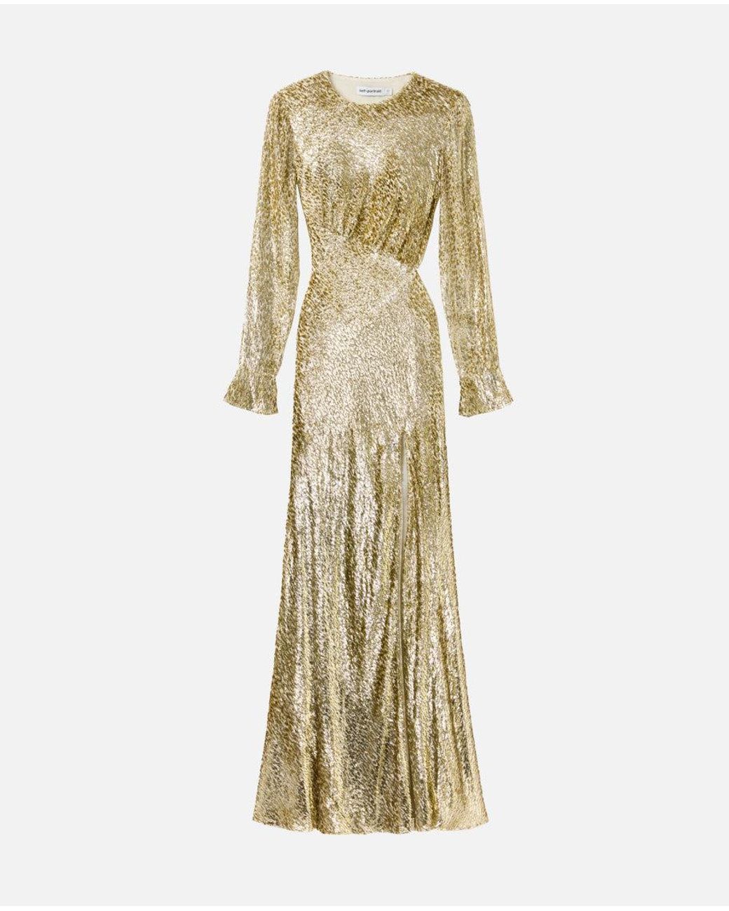 Self-Portrait Metallic Golden Asymmetric Maxi Dress