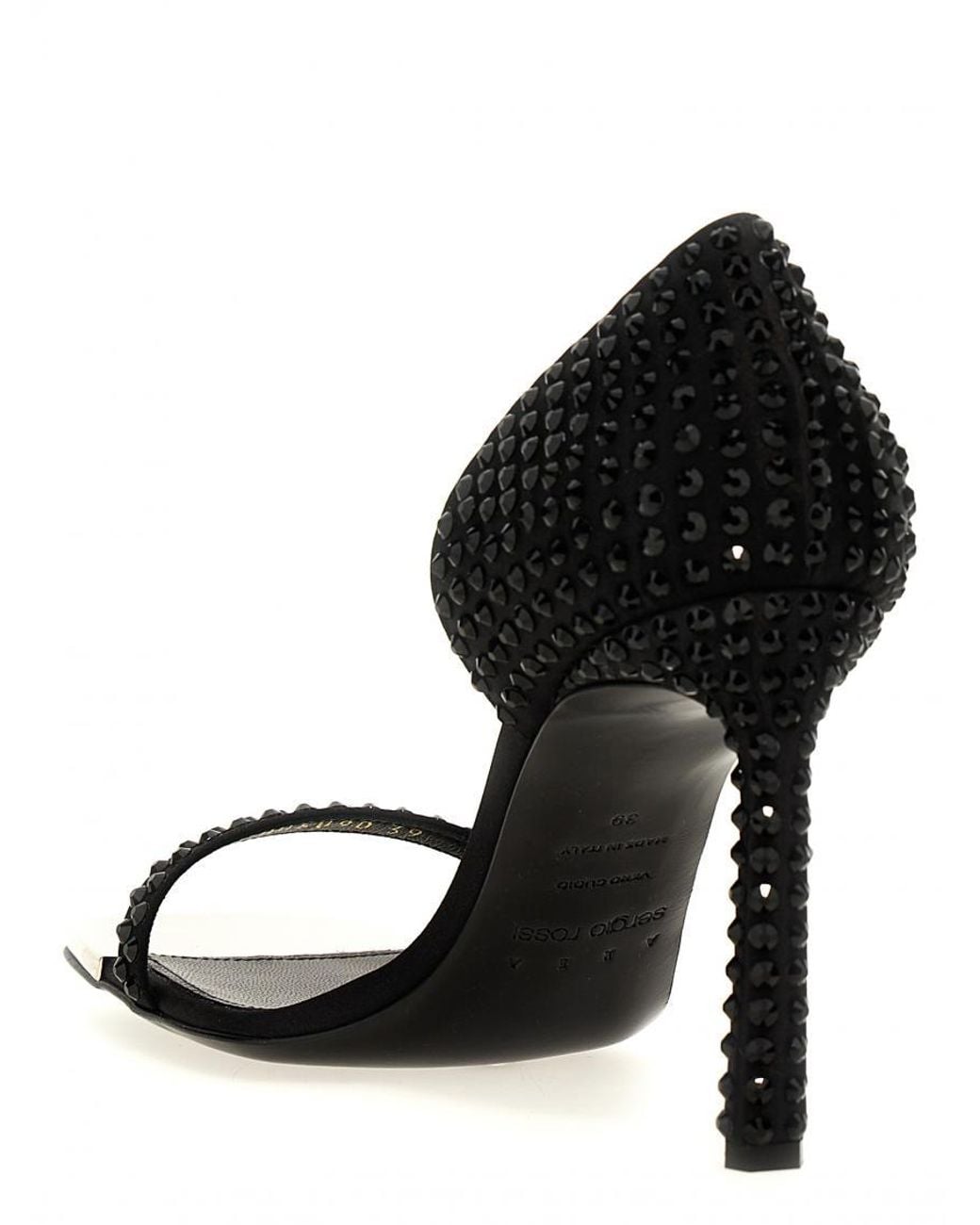 Sergio Rossi Black Area Dagger Satin Sandals With Rhinestone