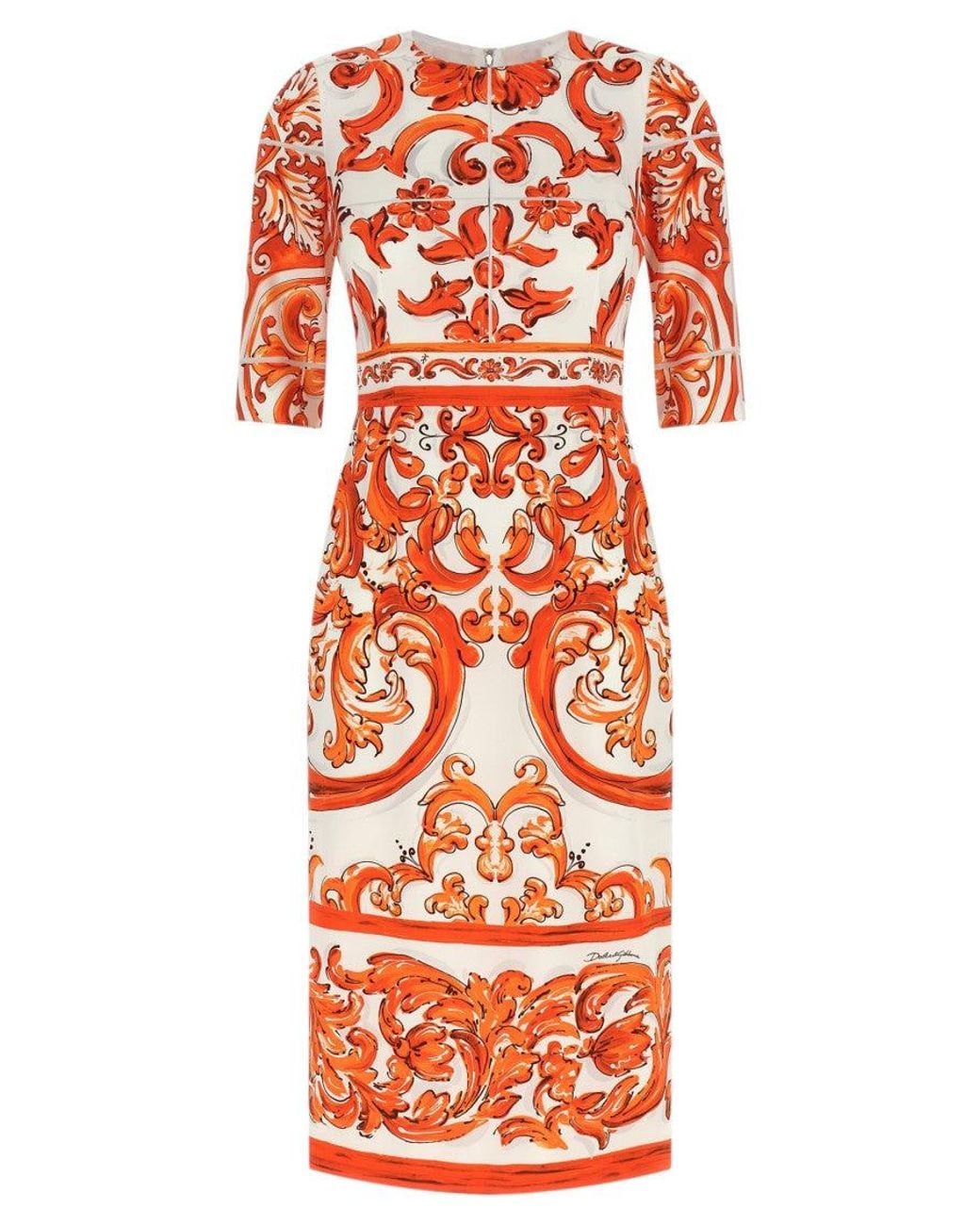 Dolce & Gabbana Orange Printed Round Neck Midi Dress