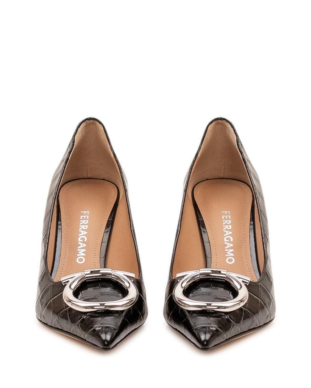 Ferragamo Black Lara 70 Croc-Embossed Heel