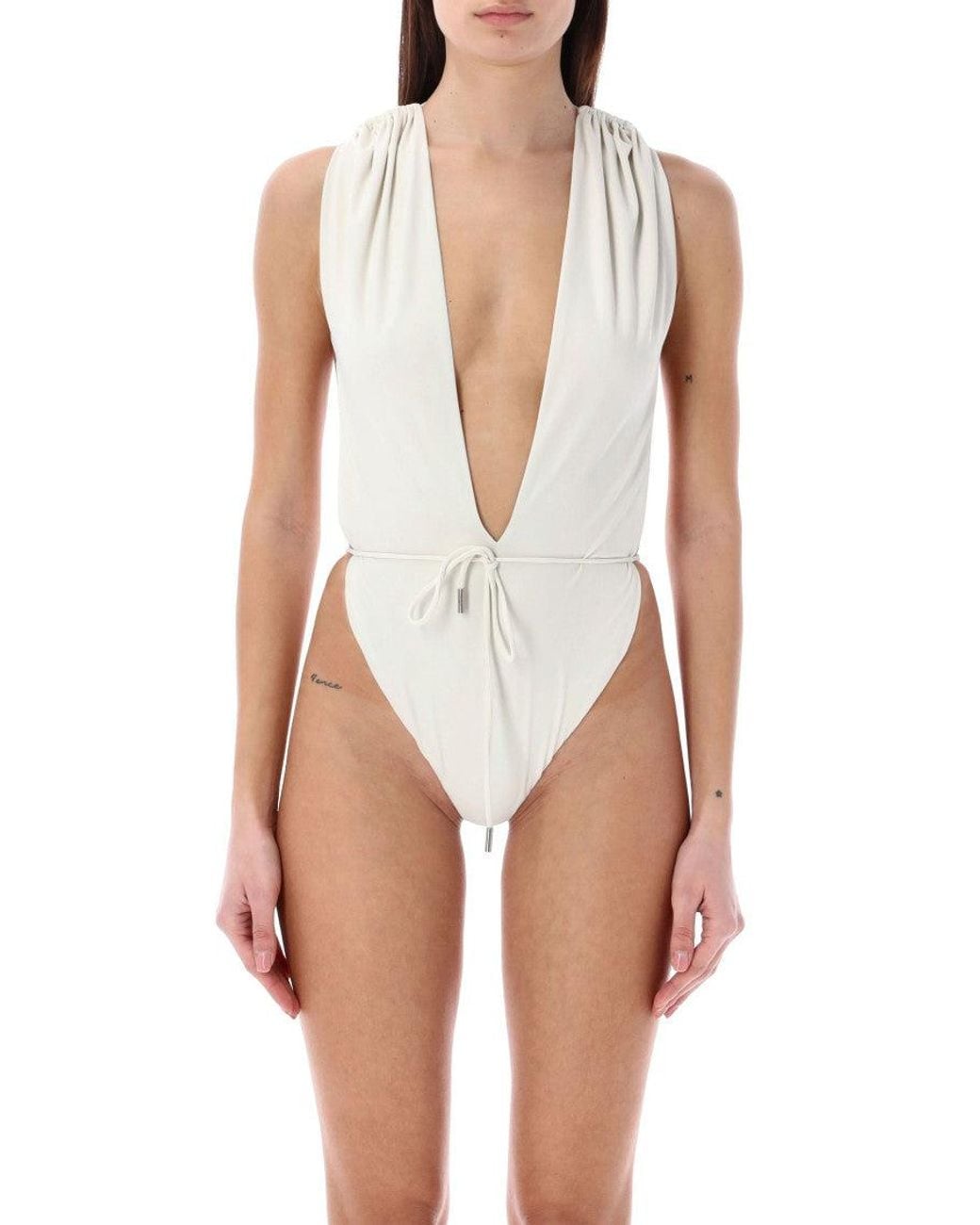 Saint Laurent White Backless V-Halter Swimsuit