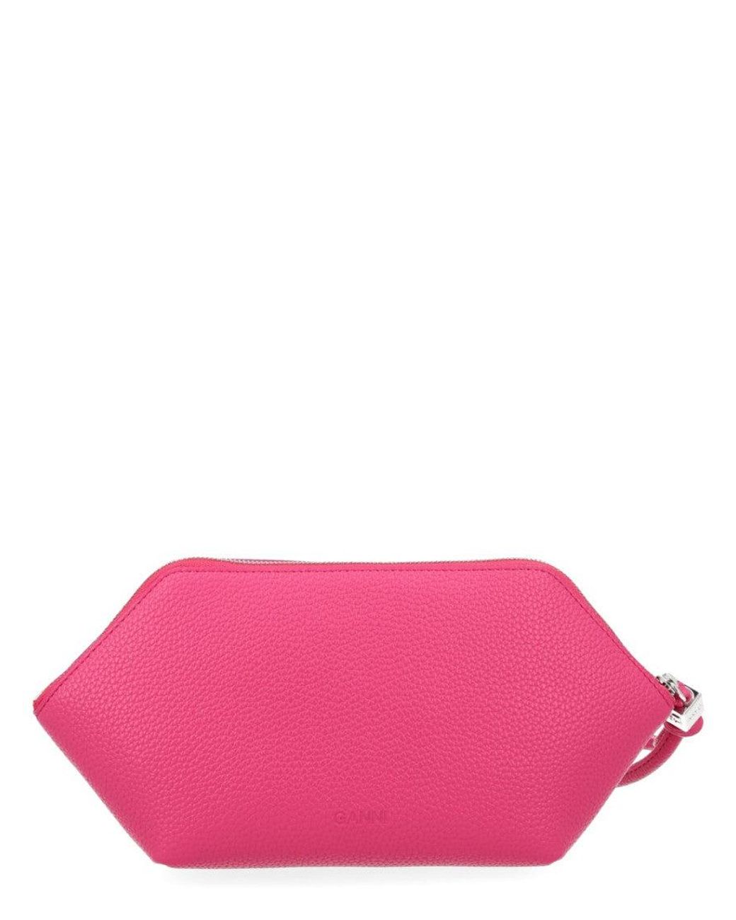 Ganni Pink Fuchsia Logo Textured Wallet