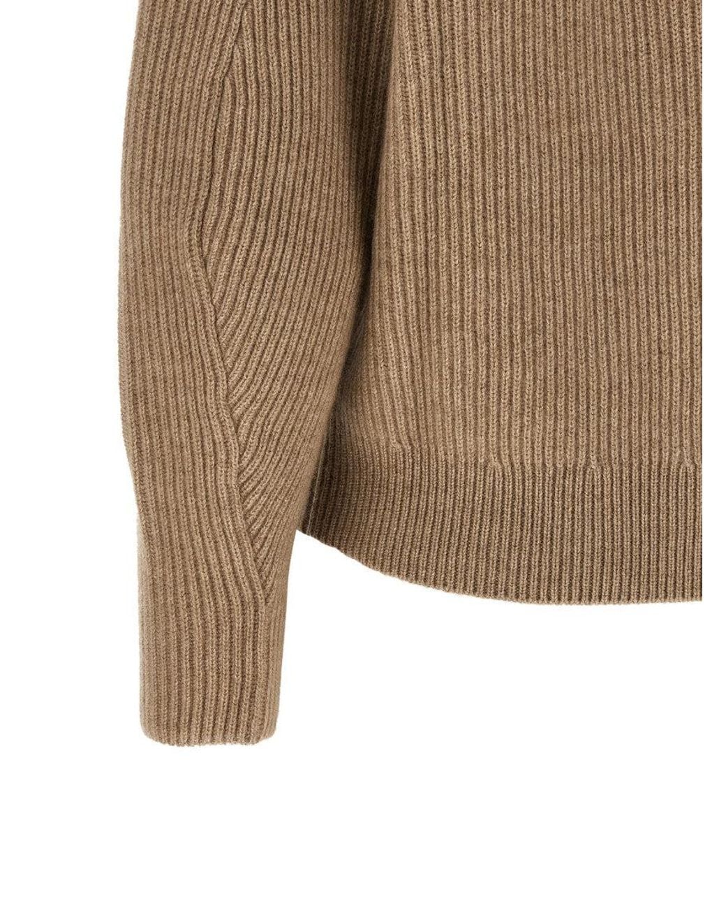 Brunello Cucinelli Natural Knitted Shawl Neck Sweater
