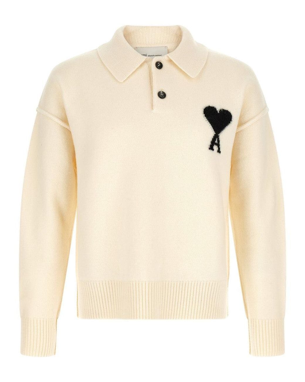 AMI Natural Off Logo Polo Sweater for men