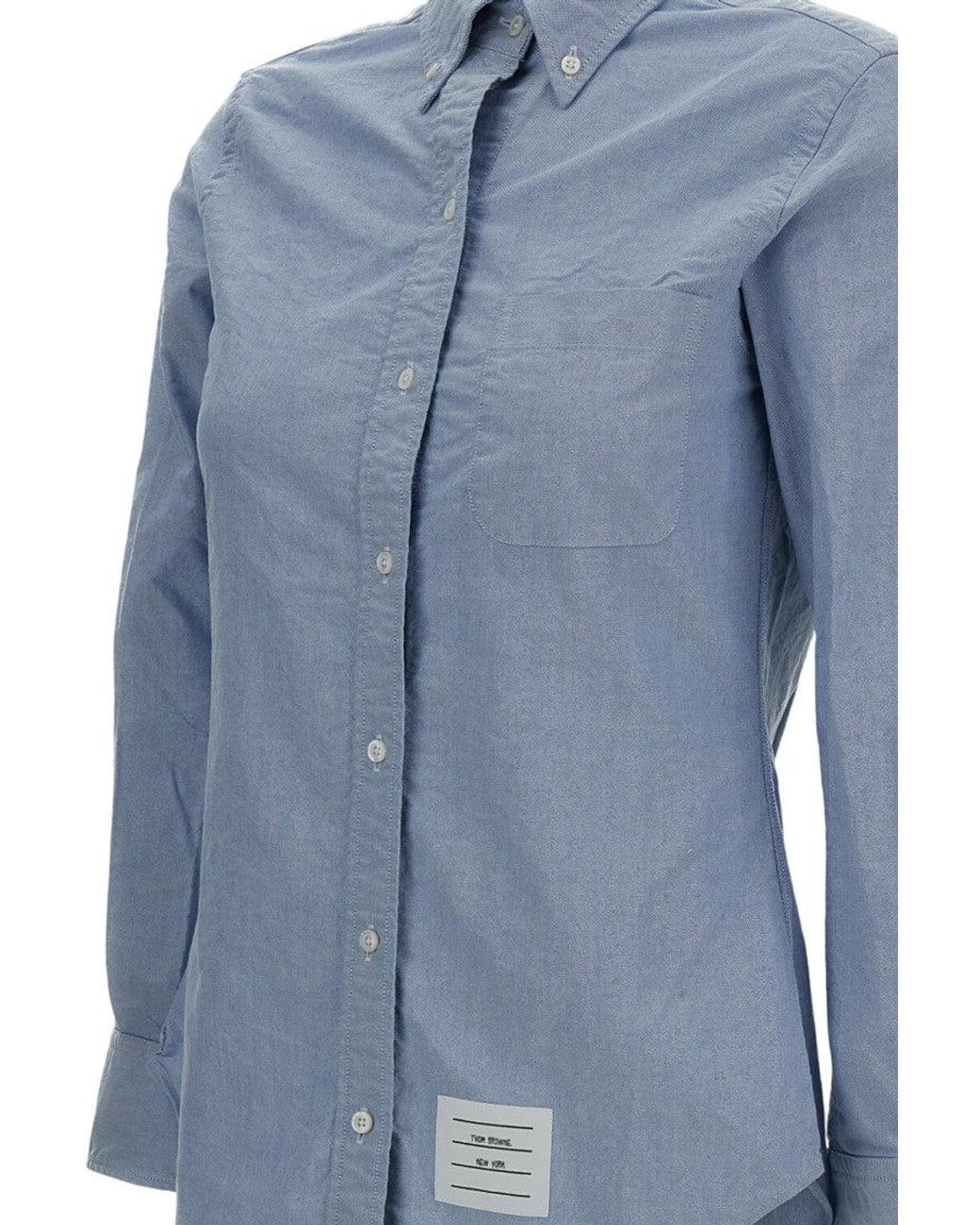 Thom Browne Blue Oxford Fabric Long-Sleeved Shirt With Button-Down Collar