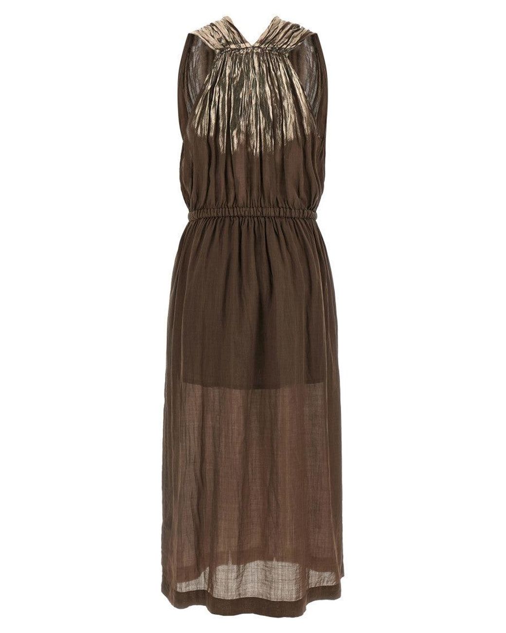 Nude Brown Crossed V-Neck Maxi Dress