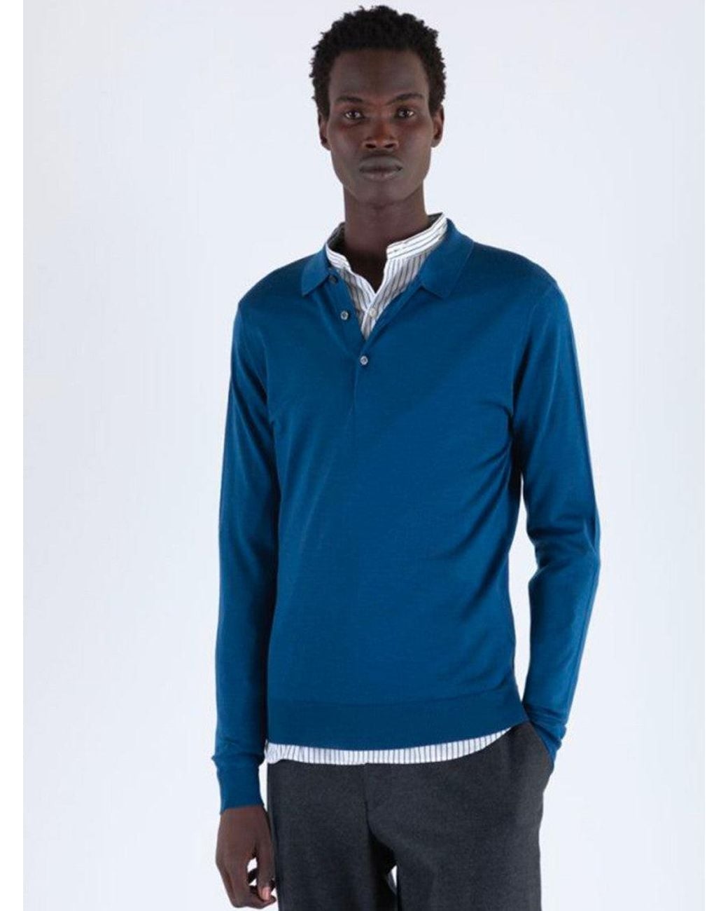 John Smedley Blue Wool Polo Collar Sweater for men