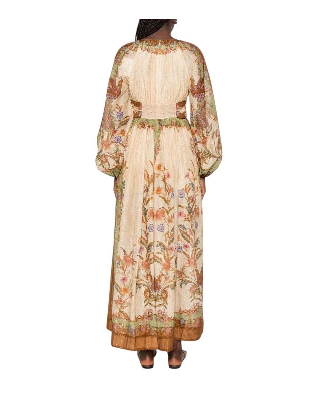 Zimmermann Natural Floral Round Neck Midi Dress