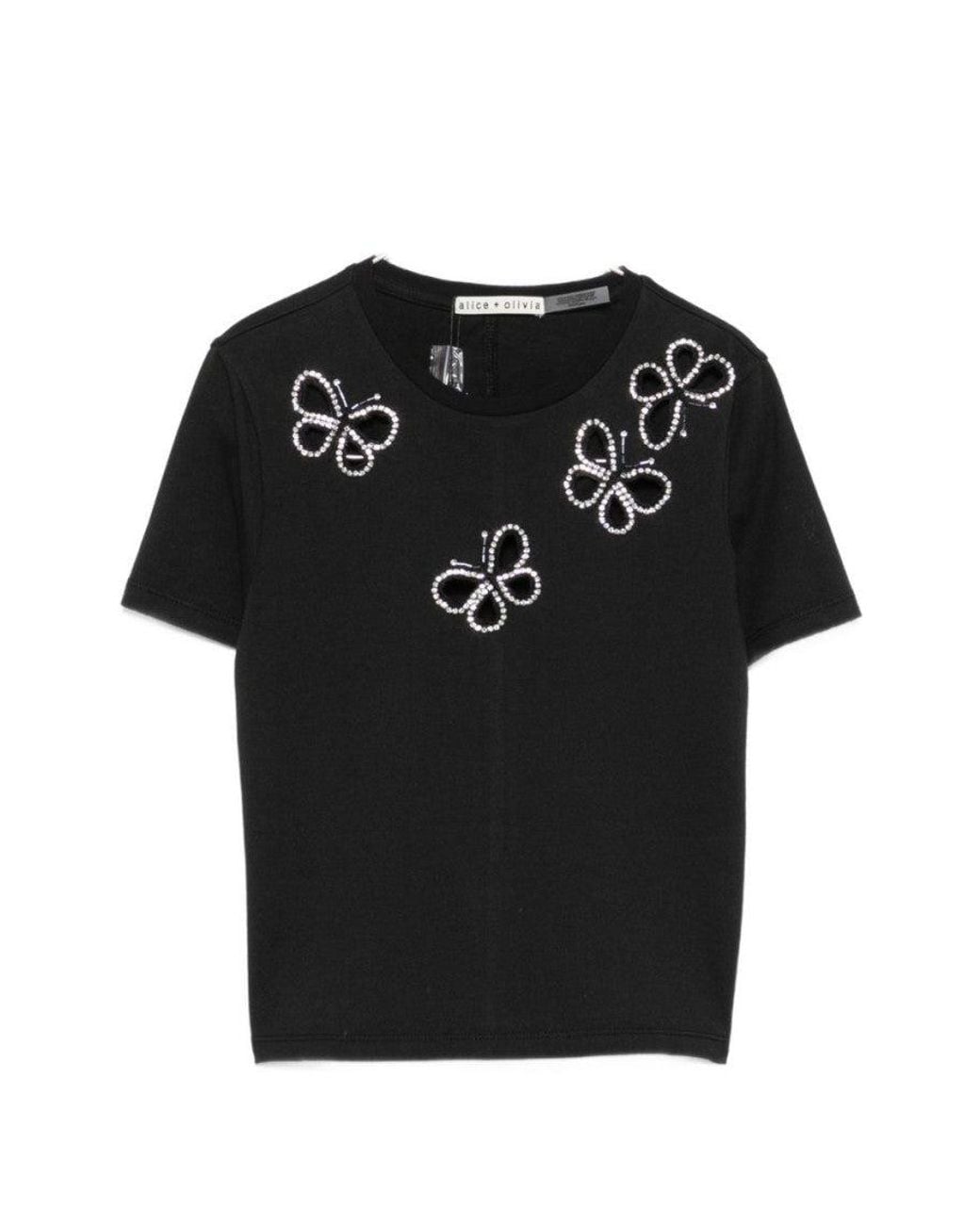 Alice & Olivia Black Embellished Round Neck T-Shirt