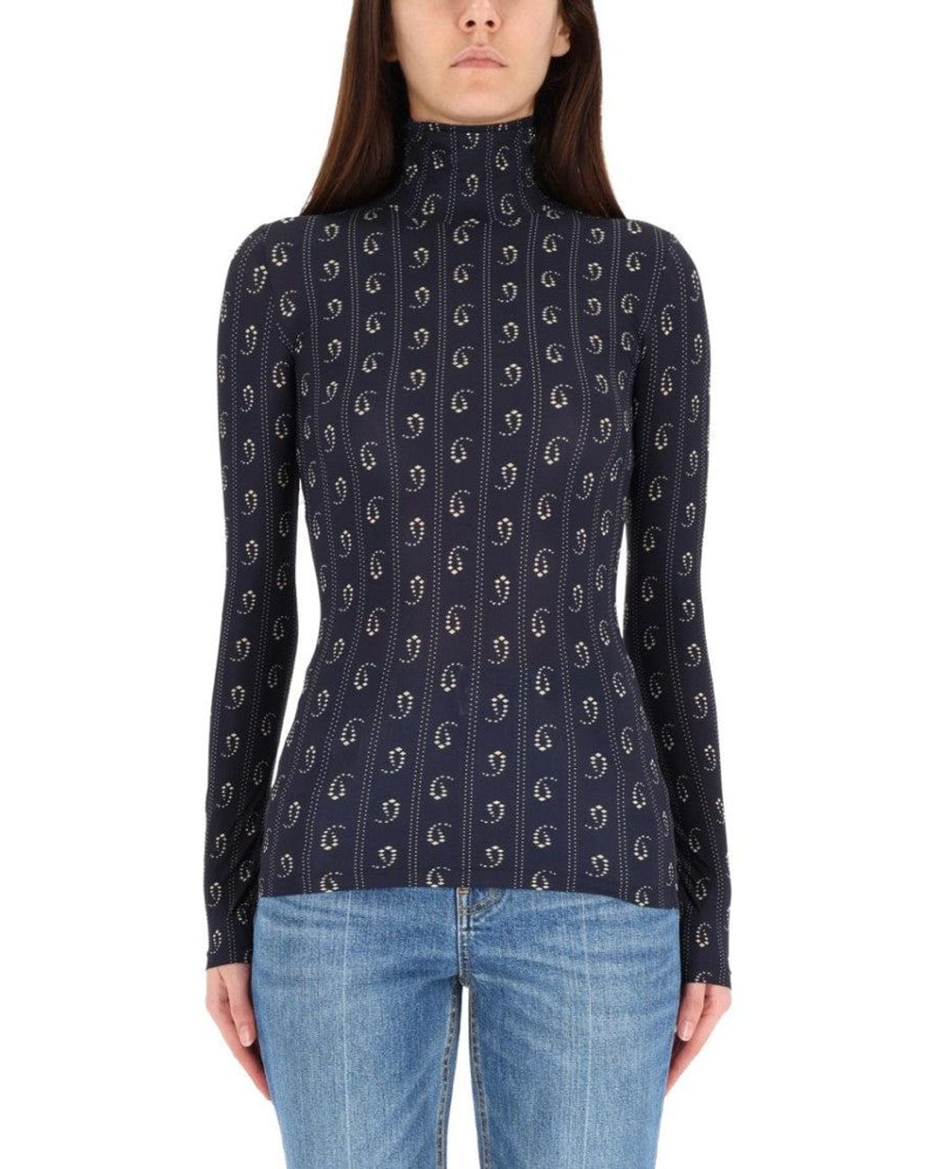 Tory Burch Blue Printed Mock Collar Sweater