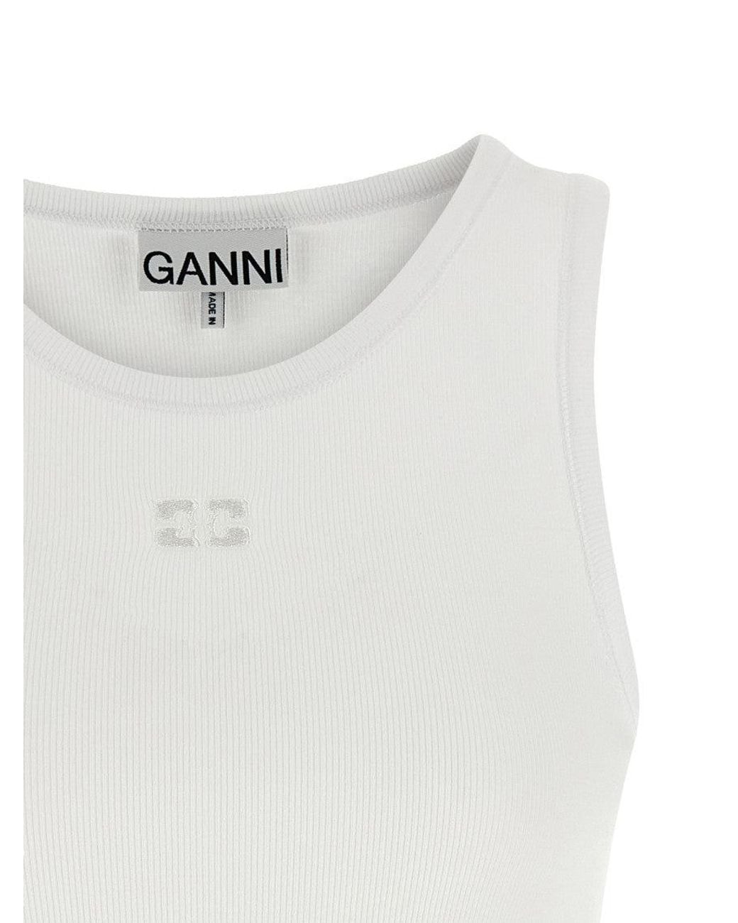 Ganni White Logo Round Neck Top
