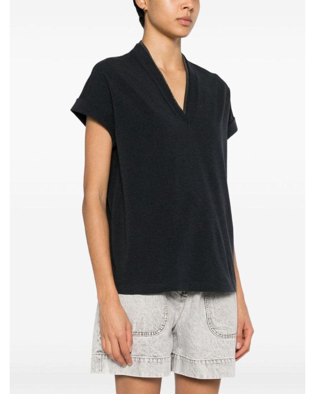 Brunello Cucinelli Black Dark V-Neck Cotton T-Shirt