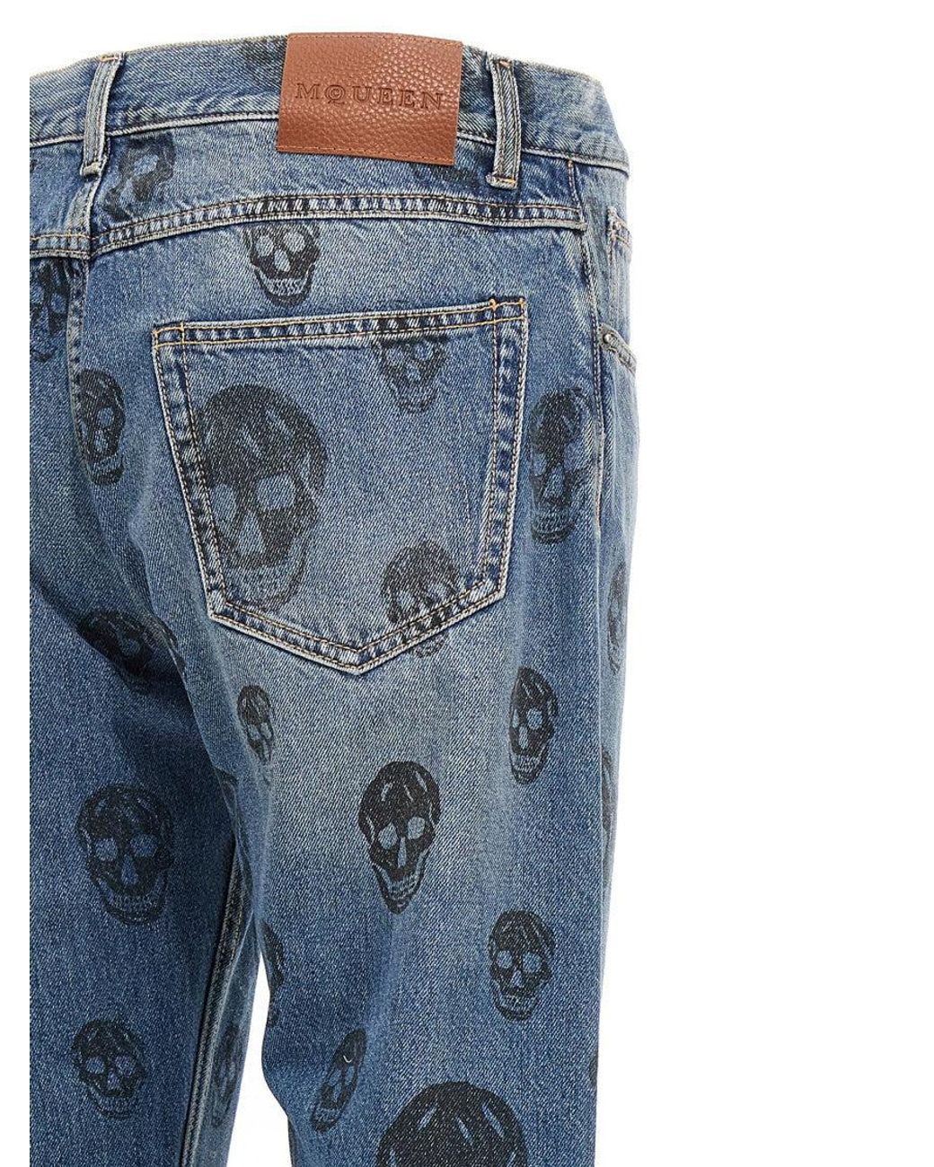 McQueen Blue Skull Print Jeans for men