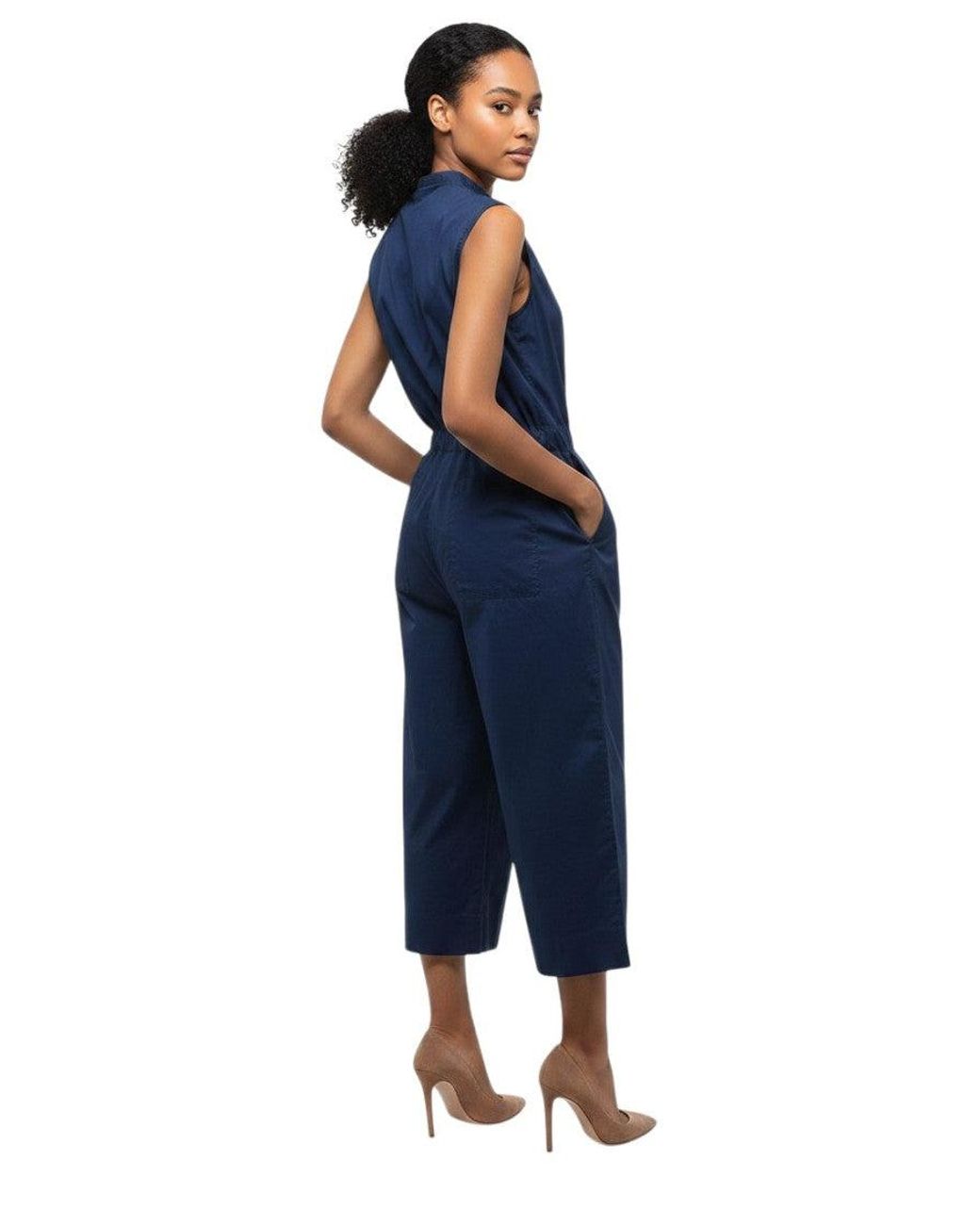Woolrich Blue Solid Band Collar Jumpsuit