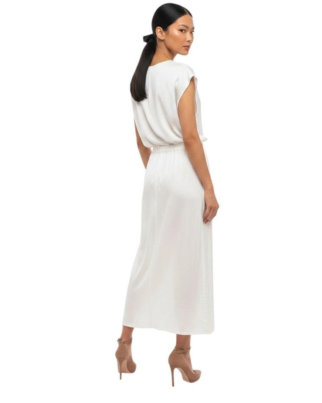 Woolrich White Solid Round Neck Midi Dress