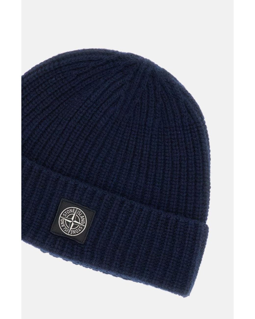 Stone Island Blue Dark Logo Patch Beanie Cap for men