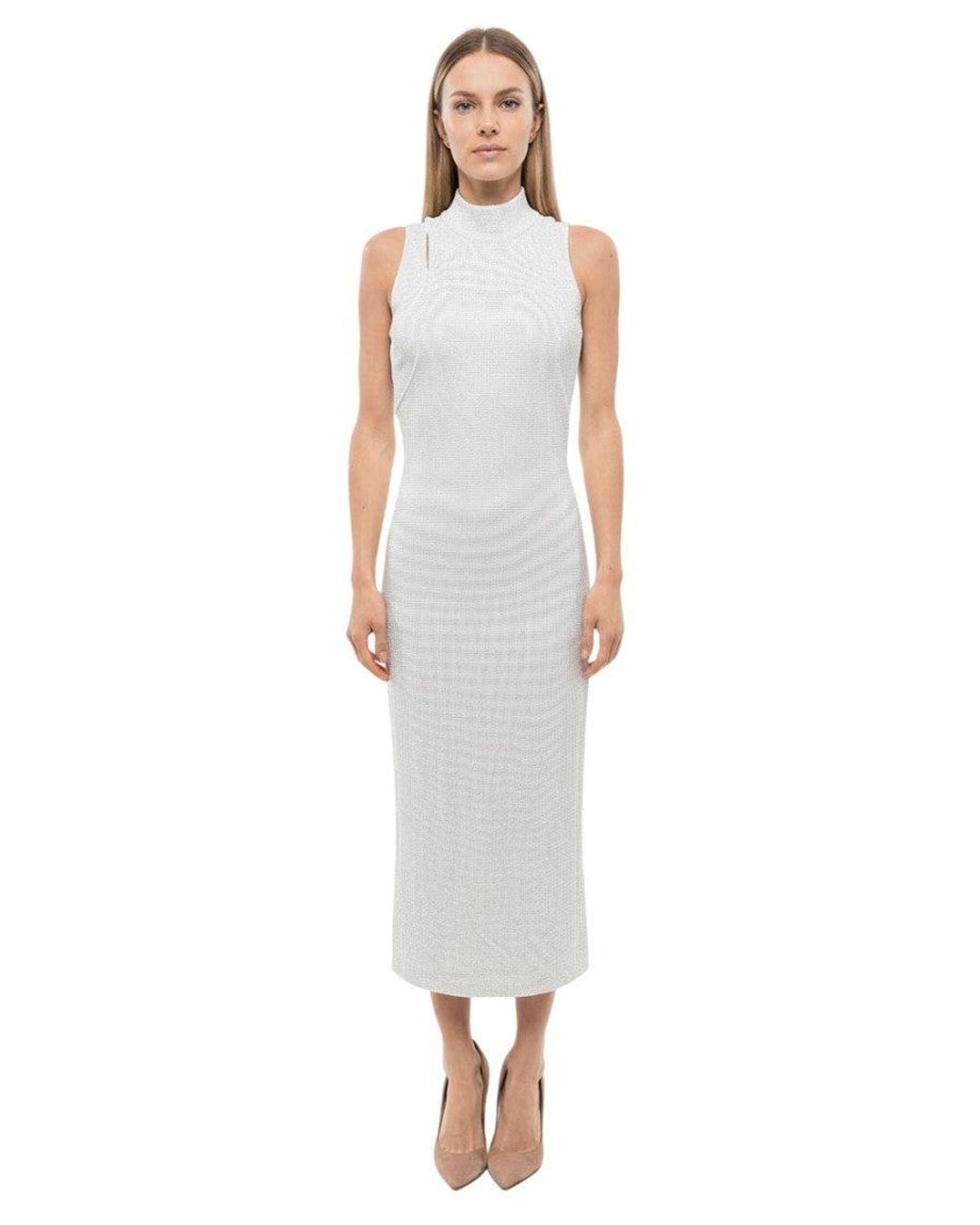 Balmain White Embellished Mock Collar Midi Dress