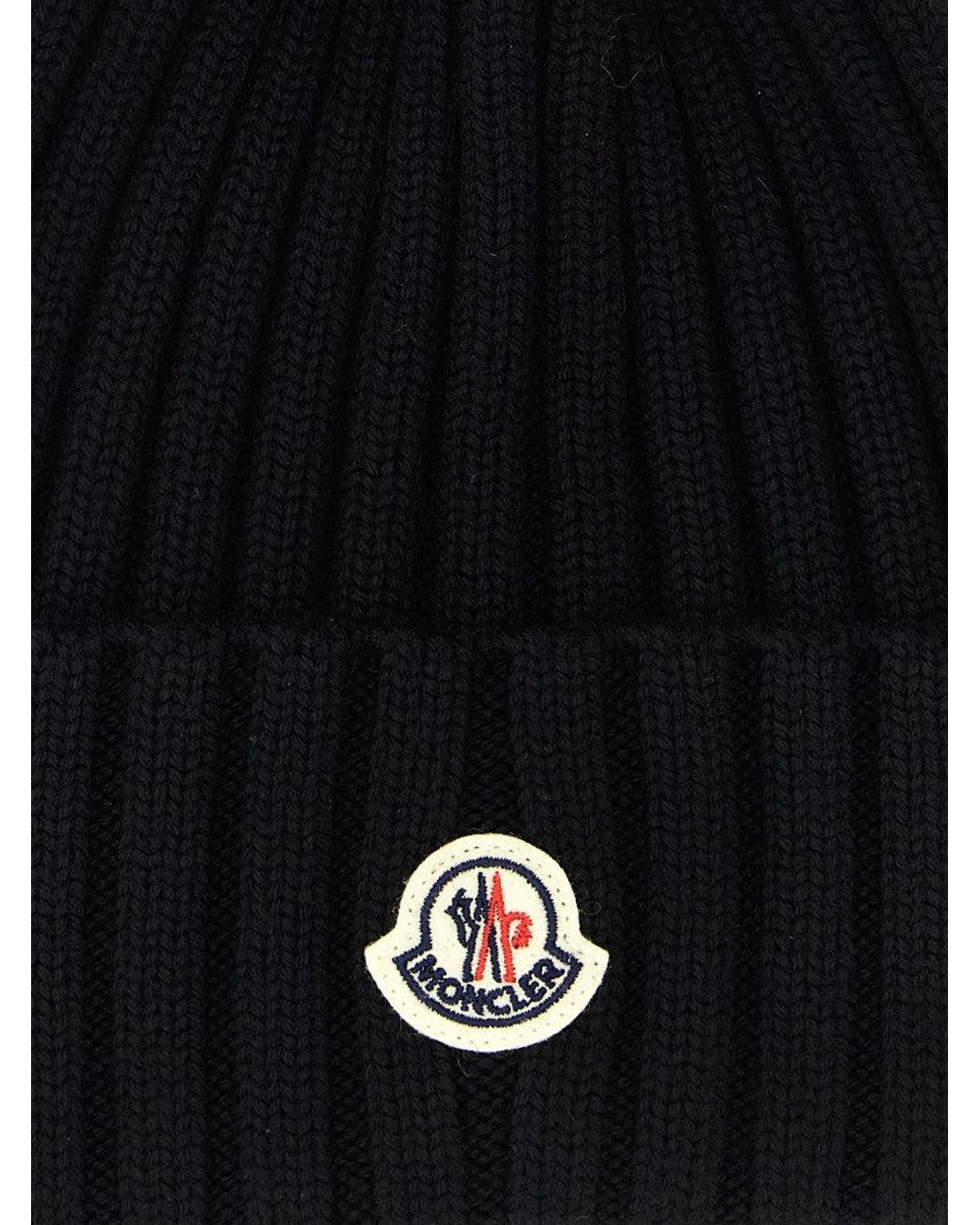 Moncler Black Pompon Logo Beanie Hat