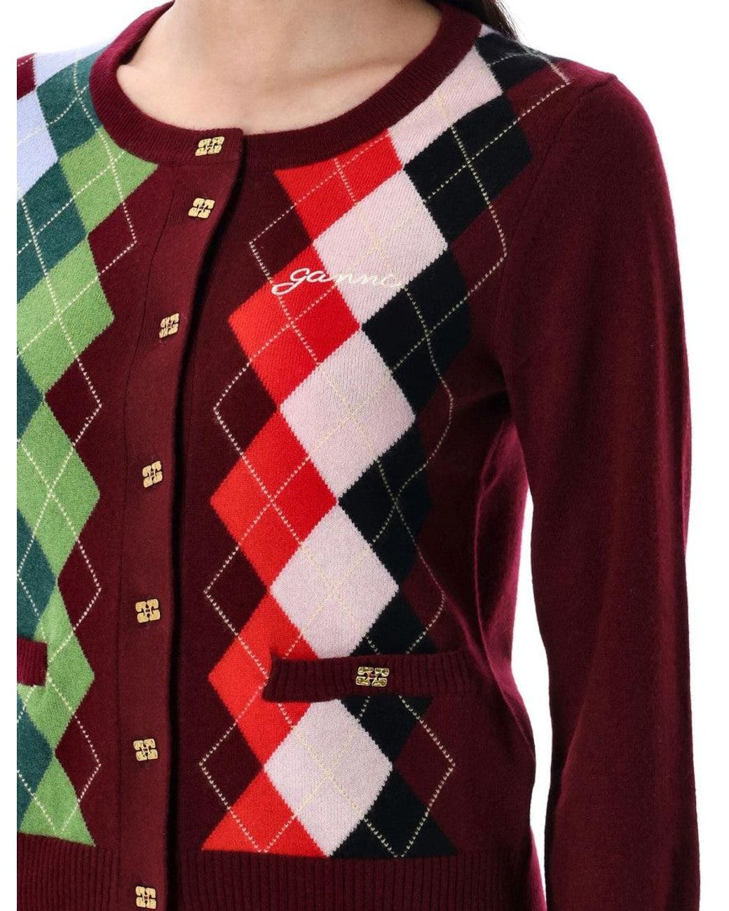 Ganni Red Argyle-Pattern Cardigan