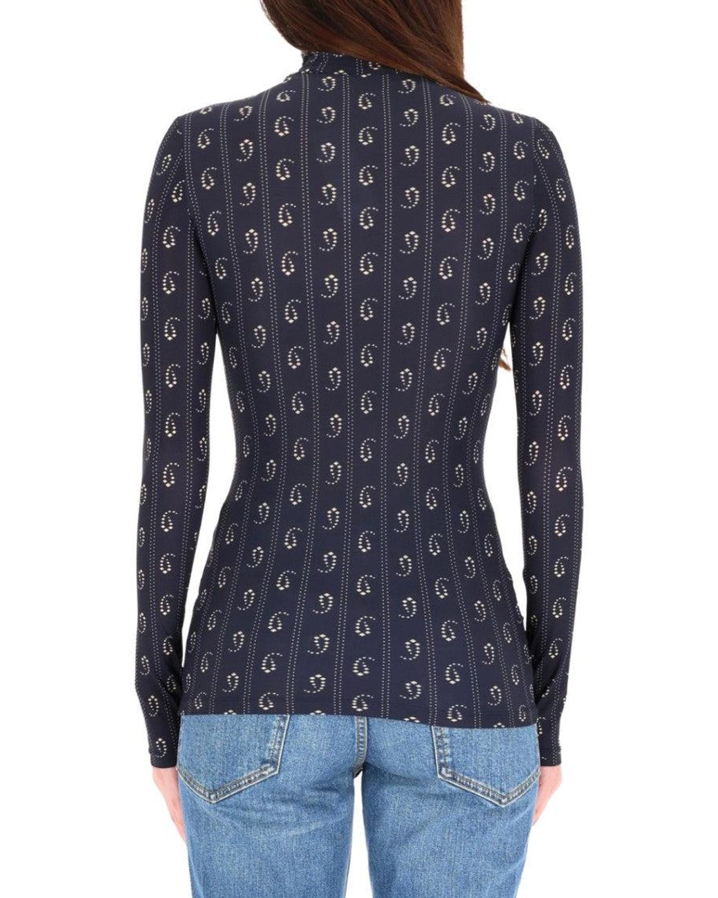 Tory Burch Blue Printed Mock Collar Sweater