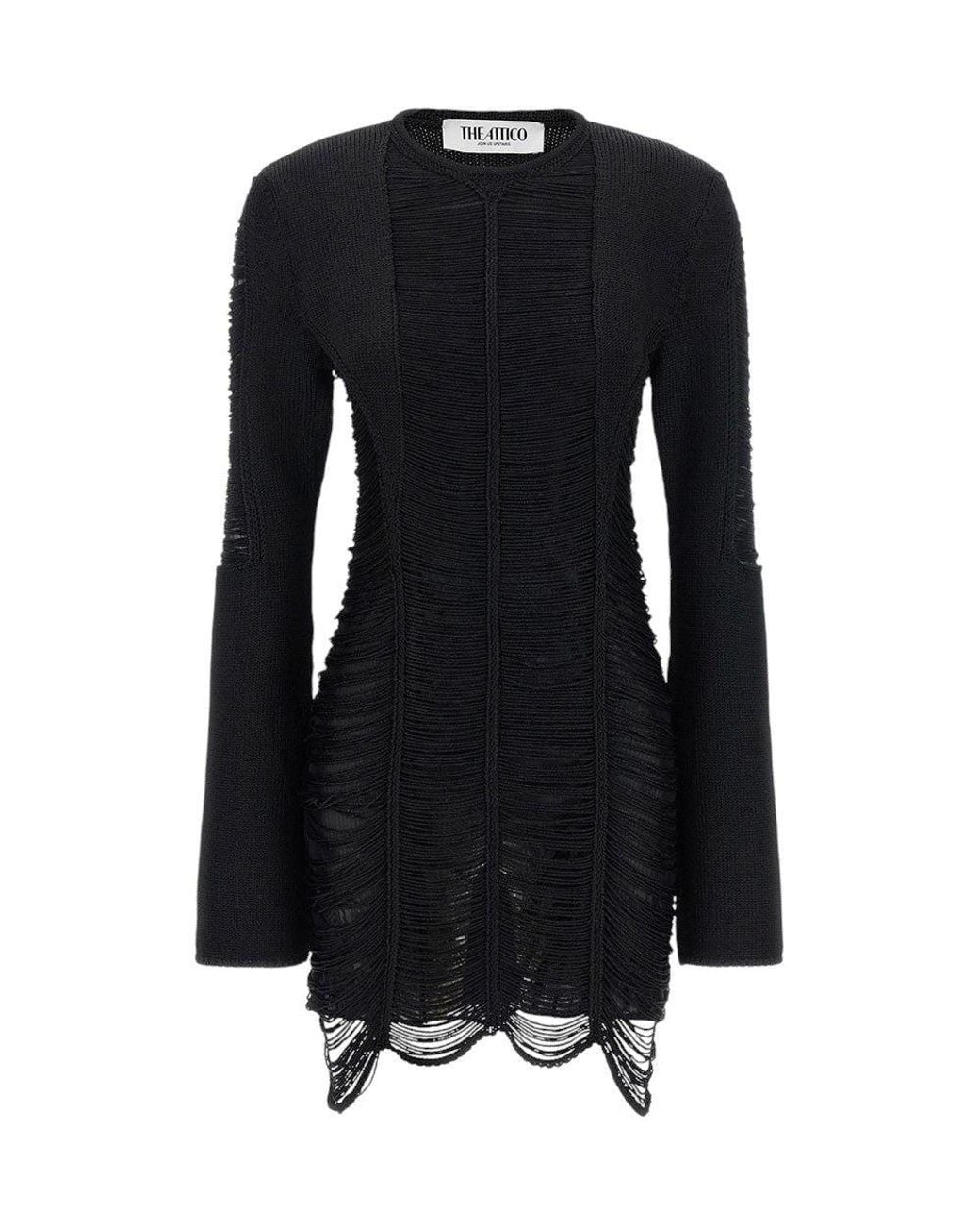 The Attico Black Textured Crew Neck Mini Dress
