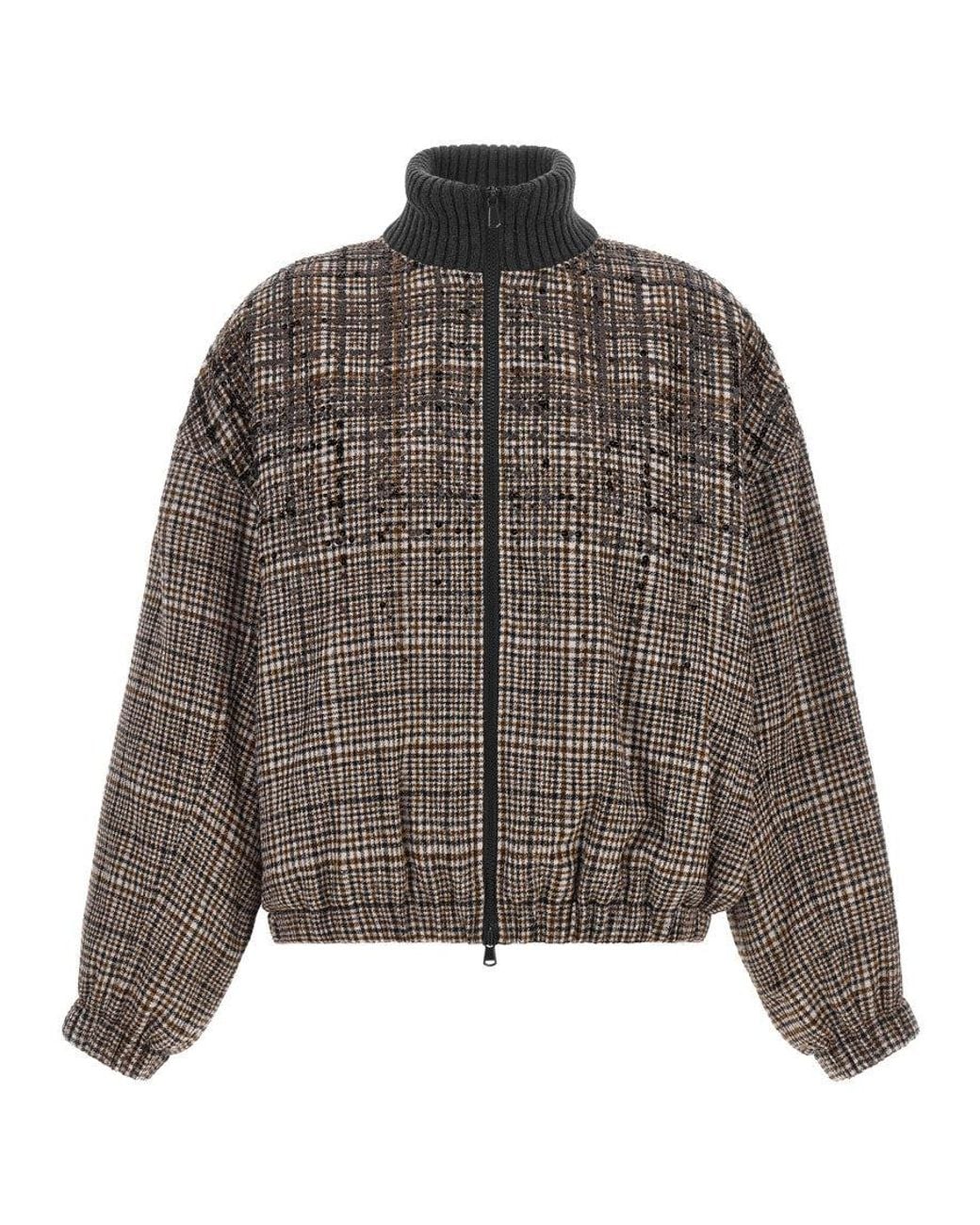 Brunello Cucinelli Brown Checks Mock Collar Jacket