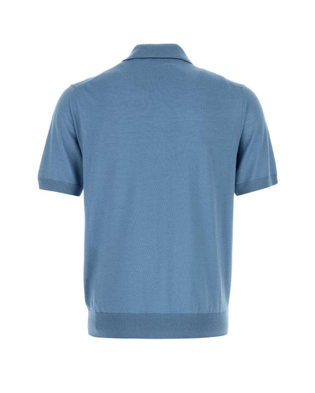 Prada Blue Light None Solid Shirt Collar Polo for men