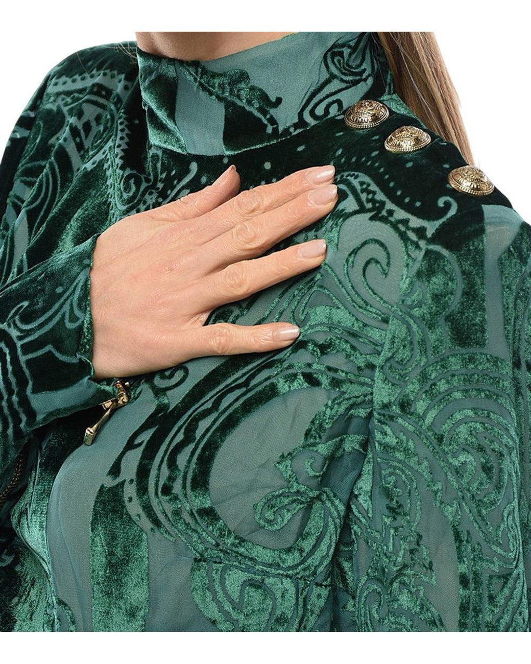 Balmain Green Abstract Mock Collar Dress