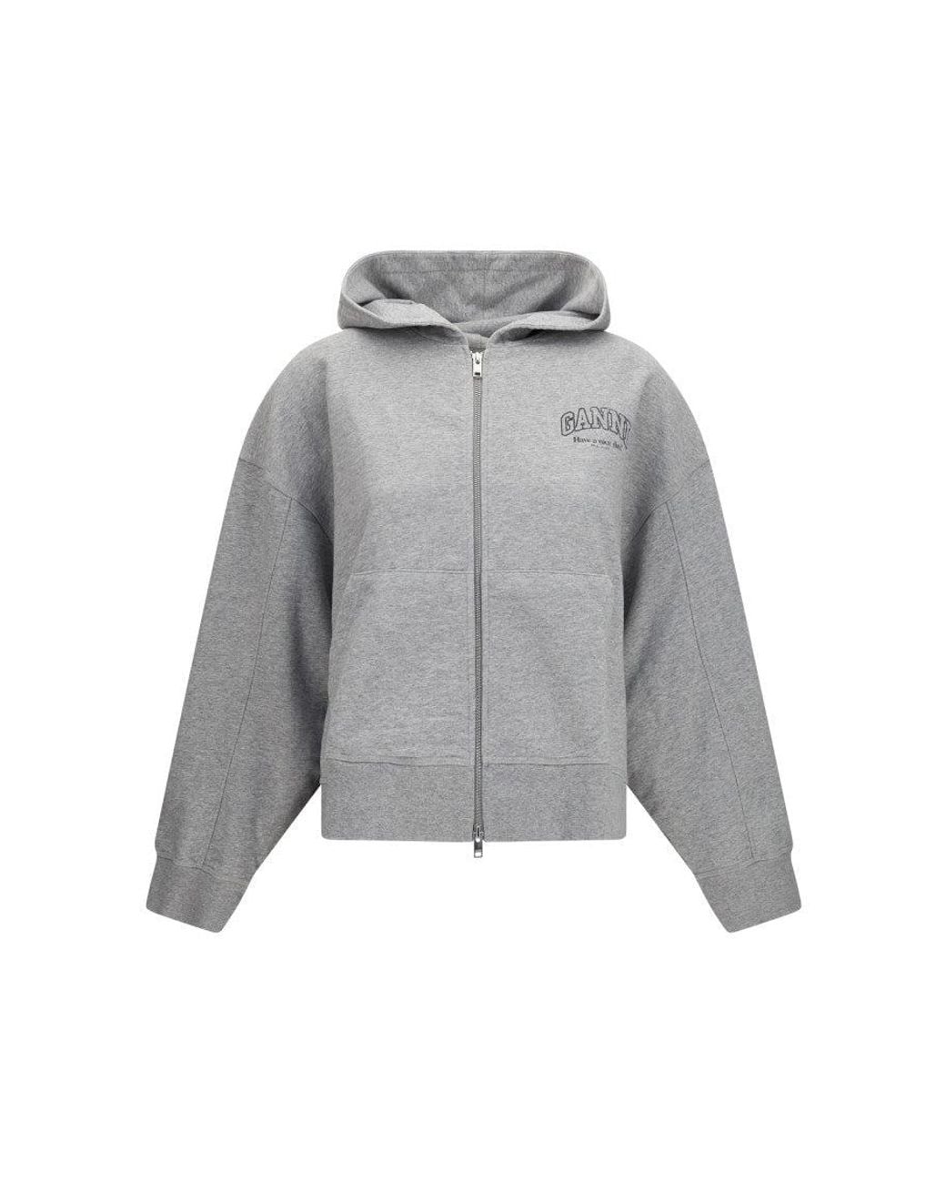Ganni Gray Cotton Zip-Up Hoodie