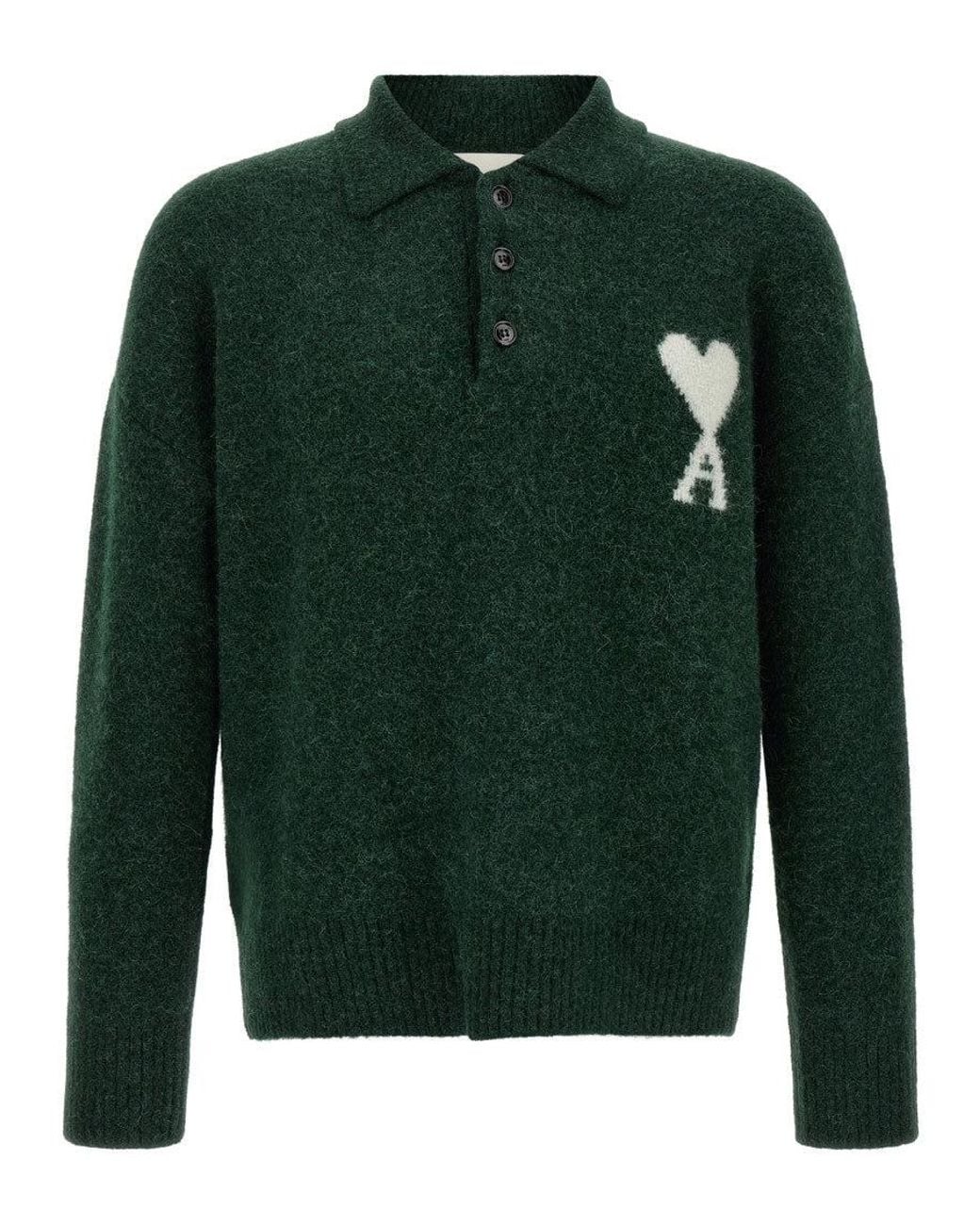 AMI Green Solid Shirt Collar Polo for men