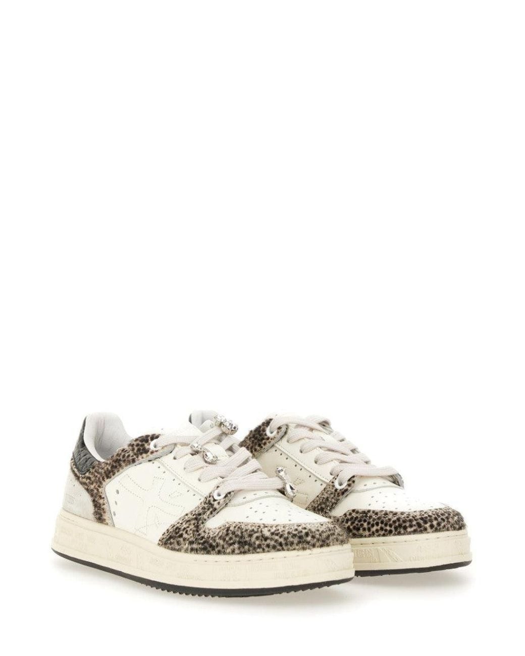 Premiata White Low-Top Sneaker With Spotted Animal Print And Textured Sole