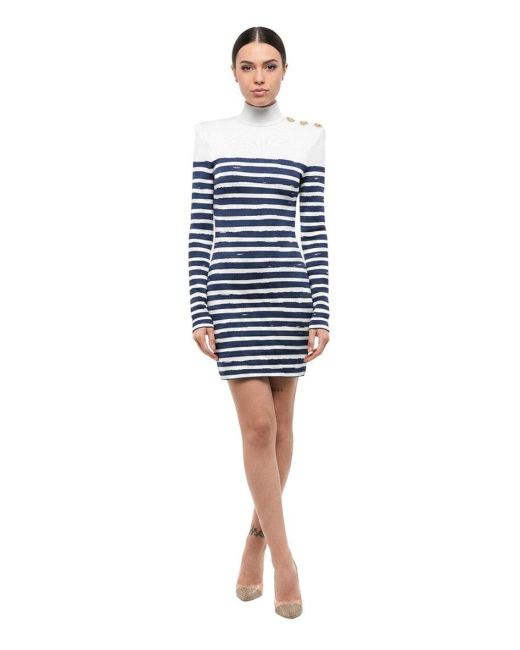Balmain Blue Stripes Mock Collar Mini Dress
