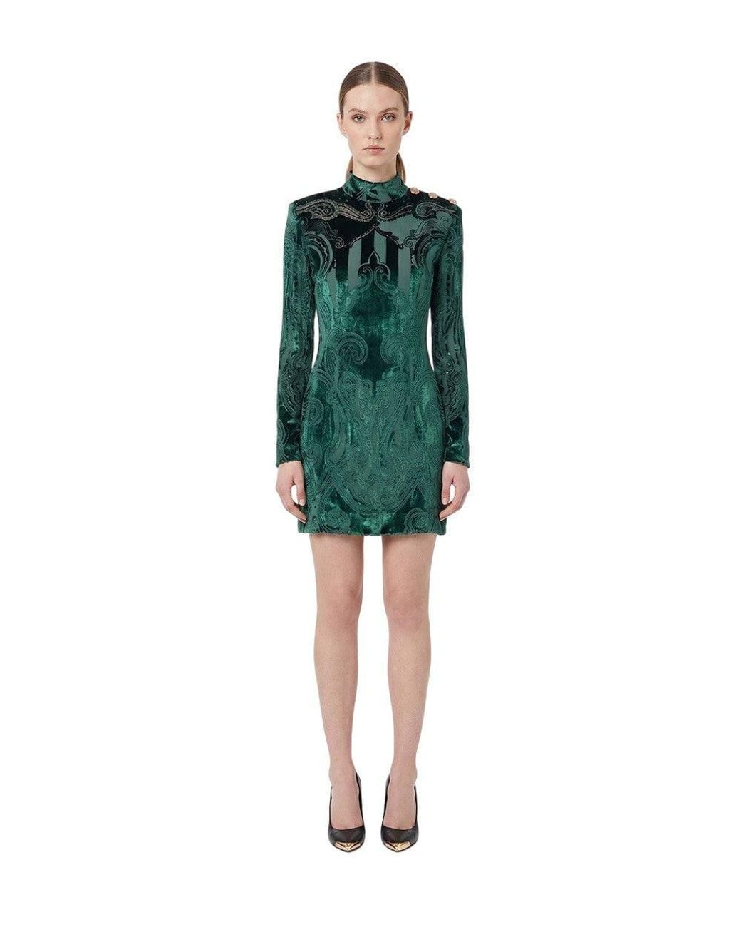 Balmain Green Abstract Mock Collar Dress