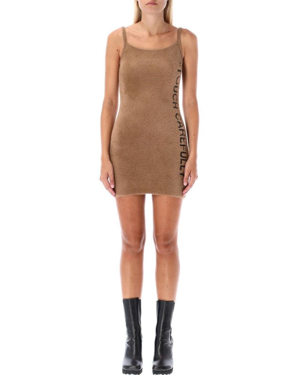 Off-White c/o Virgil Abloh Brown Slogan Detail Fuzzy Mini Dress
