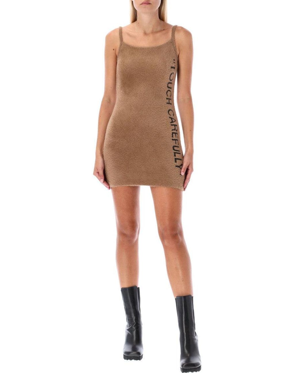 Off-White c/o Virgil Abloh Brown Slogan Detail Fuzzy Mini Dress