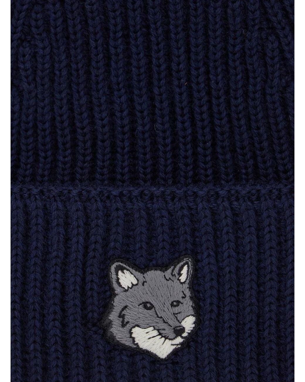 Maison Kitsuné Blue Embroidered Logo Beanie Cap for men