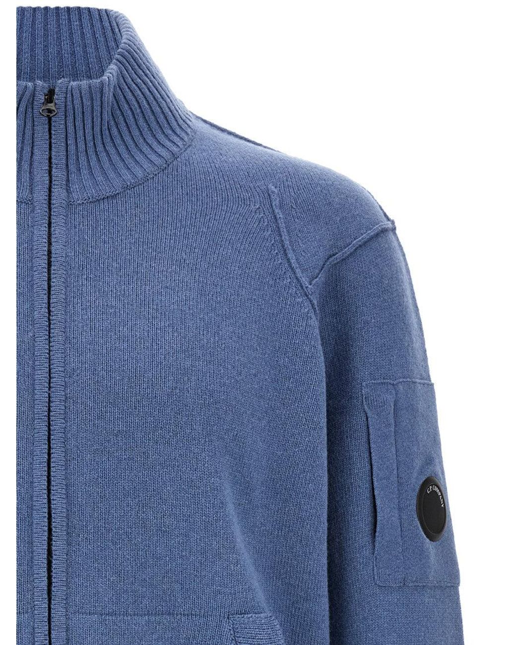 C P Company Blue Knitted Zip-Up Cardigan for men