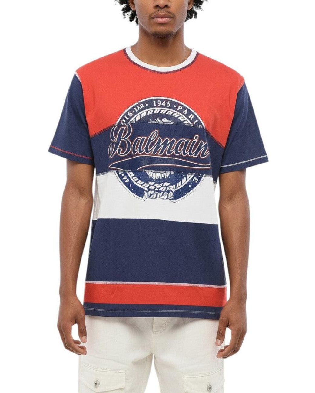 Balmain Blue Color Block Crew Neck T-Shirt for men