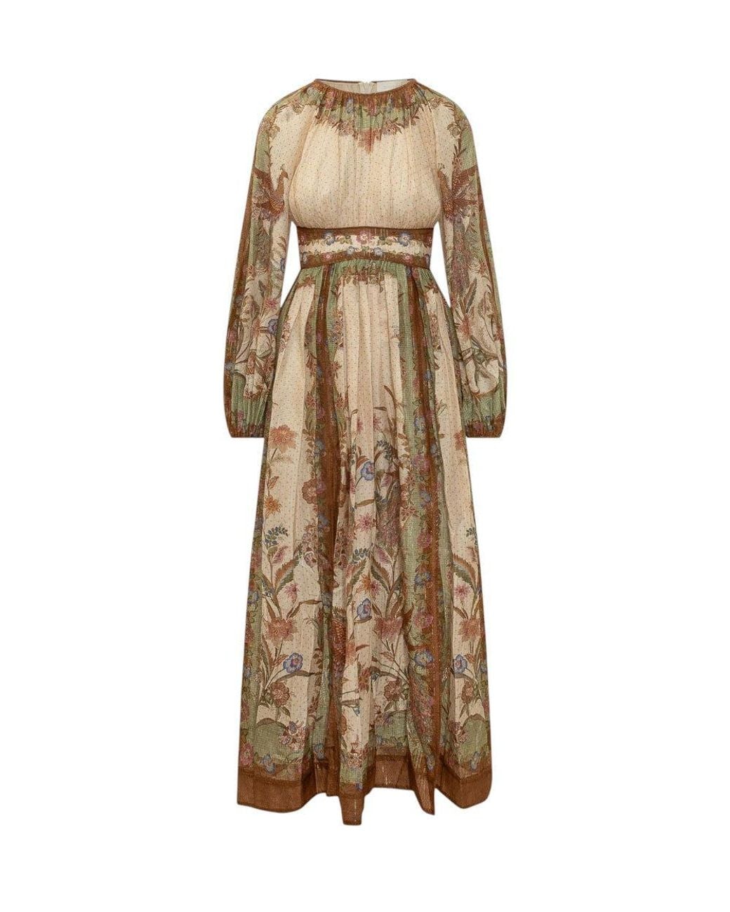 Zimmermann Natural Floral Round Neck Midi Dress